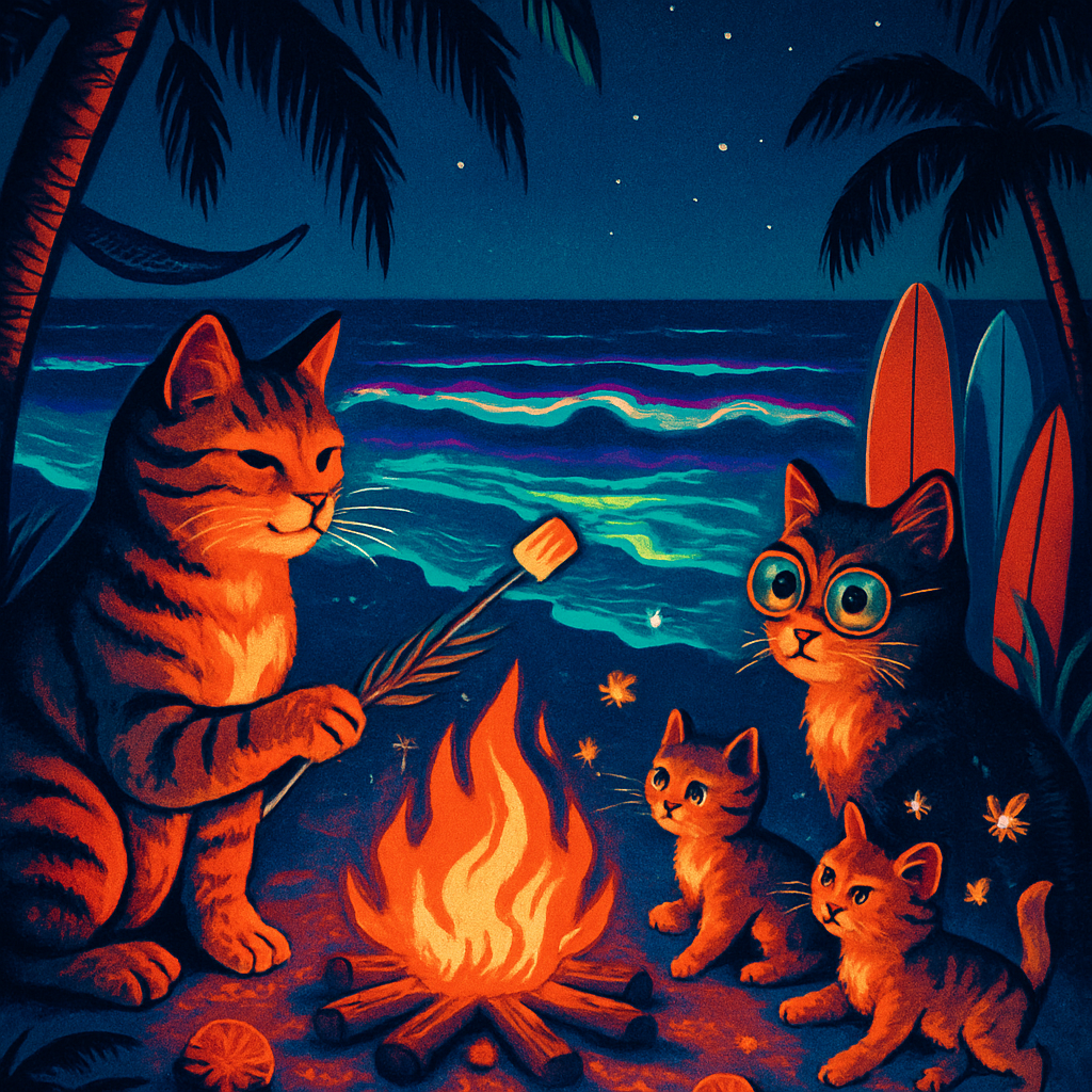 Neon Night Beach Bonfire Cats paint by color