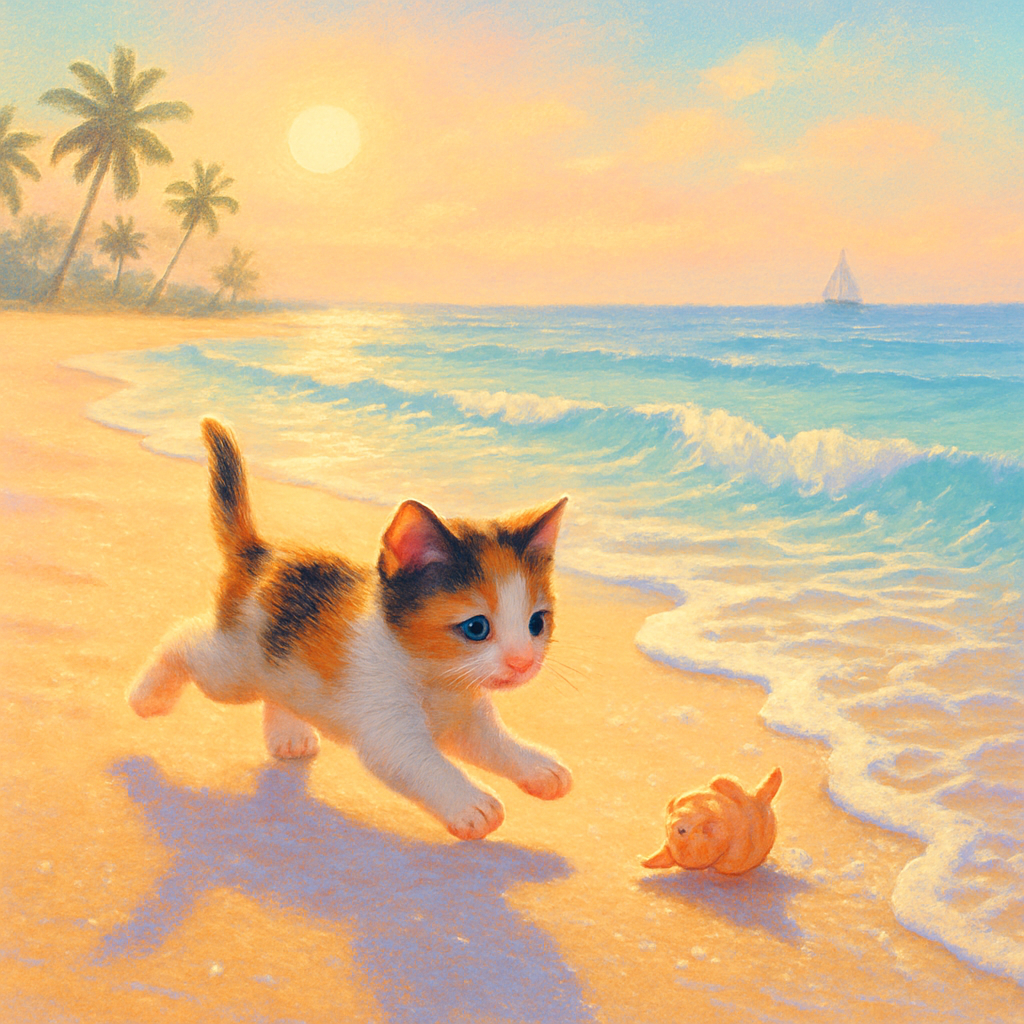Shell Chase Sunrise Beach Kitten paint by diamonds