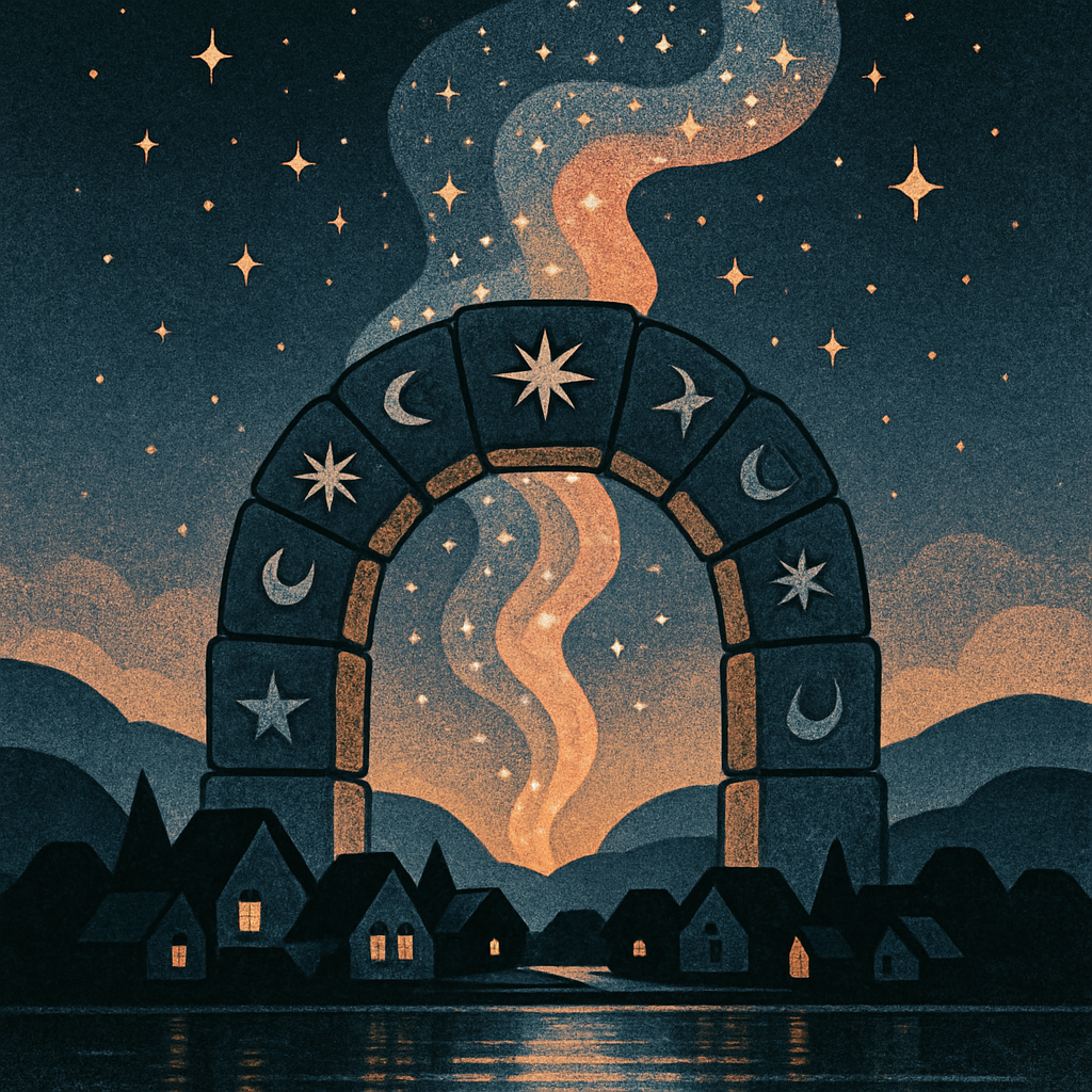 Celestial Archway Over Lakeside Village Painting by diamonds kit
