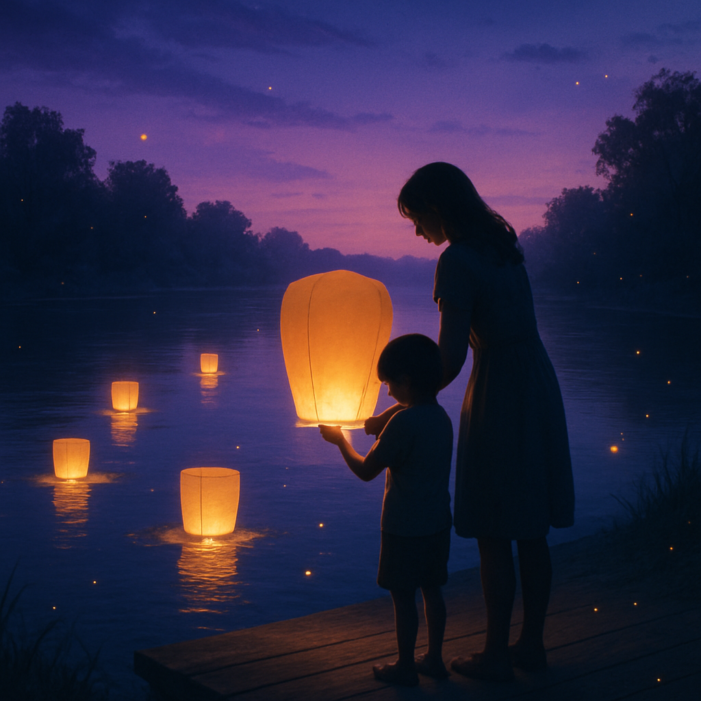 Lanterns Of Guidance Mother And Child By The River diamond painting