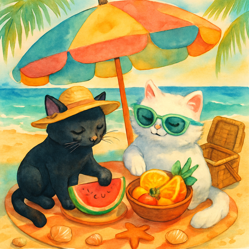 Palm Shade Picnic Beach Cats painting diamond kit