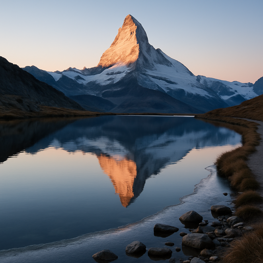 Sunrise On The Matterhorn From Riffelsee With Thin Ice On The Shore paint by color