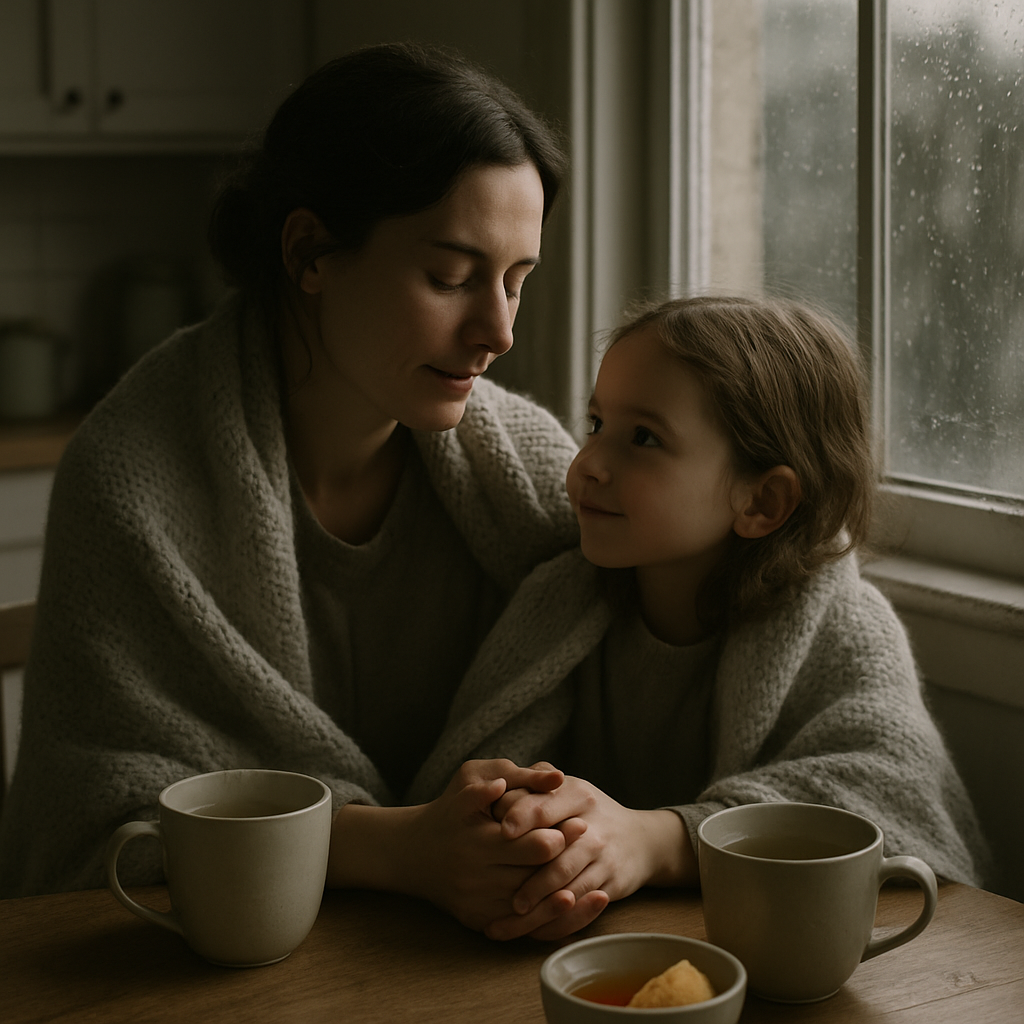 After The Storm Tea: A Mother And Child Warming Hands By The Windowlight paint by diamond