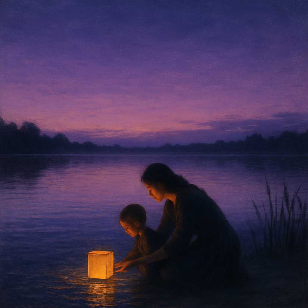 Lanterns For Tomorrow: Mother And Child Floating Wishes At Twilight DIY paint by diamonds