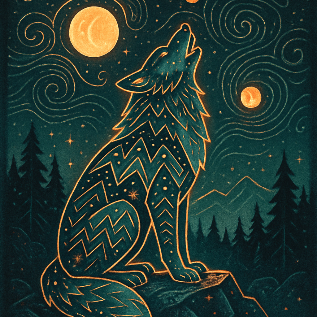 The Mountain Harmony Wolf Under Twin Moons painting diamond kit