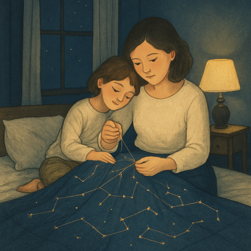 Starlit Story Quilt: Mother And Child Stitching Constellations Of Comfort paint by diamond