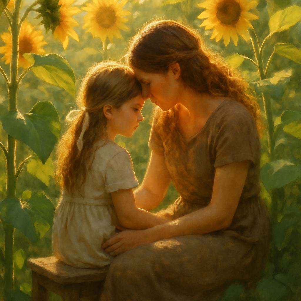 Garden Seat Of Secrets: Mother And Child Sharing Quiet Truths Among Sunflowers paint by diamond