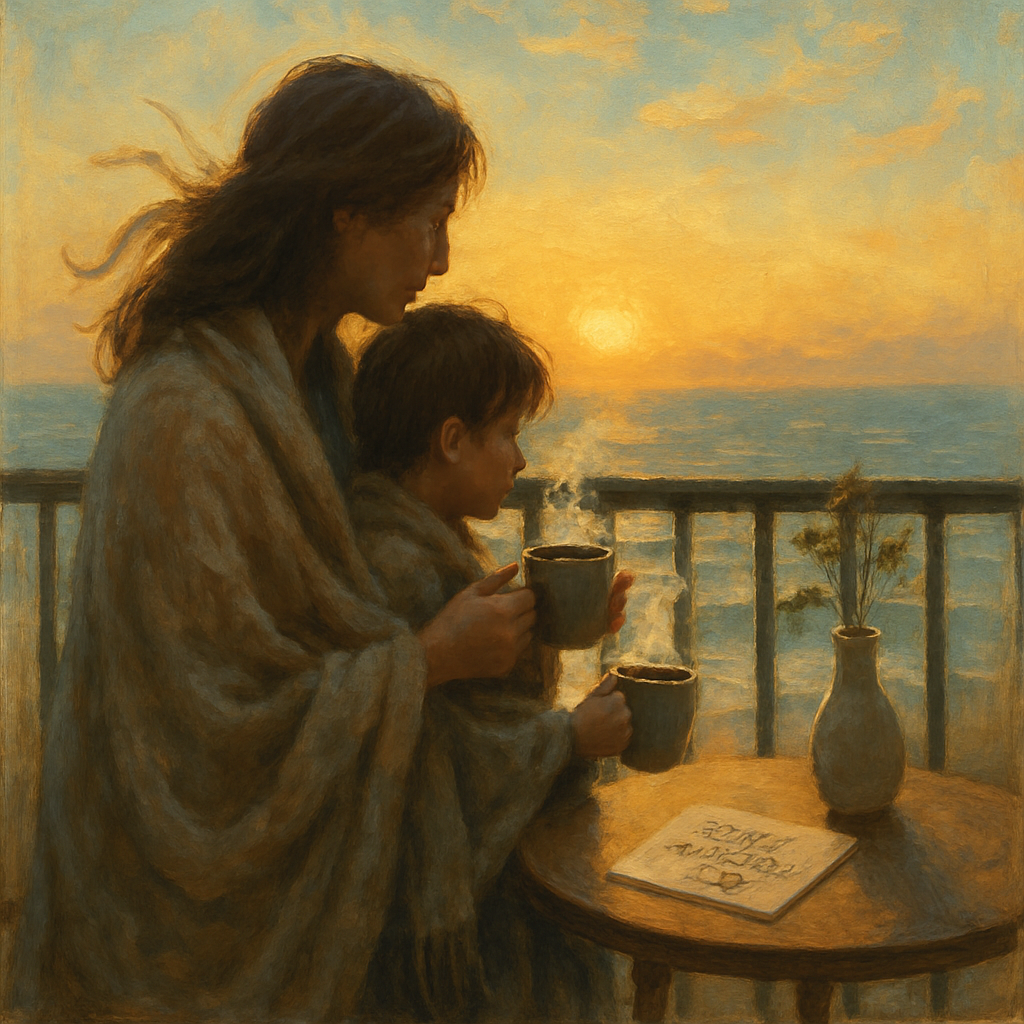 Harbor Of First Light Mother And Child Sharing Sunrise Cocoa Paint by diamonds art