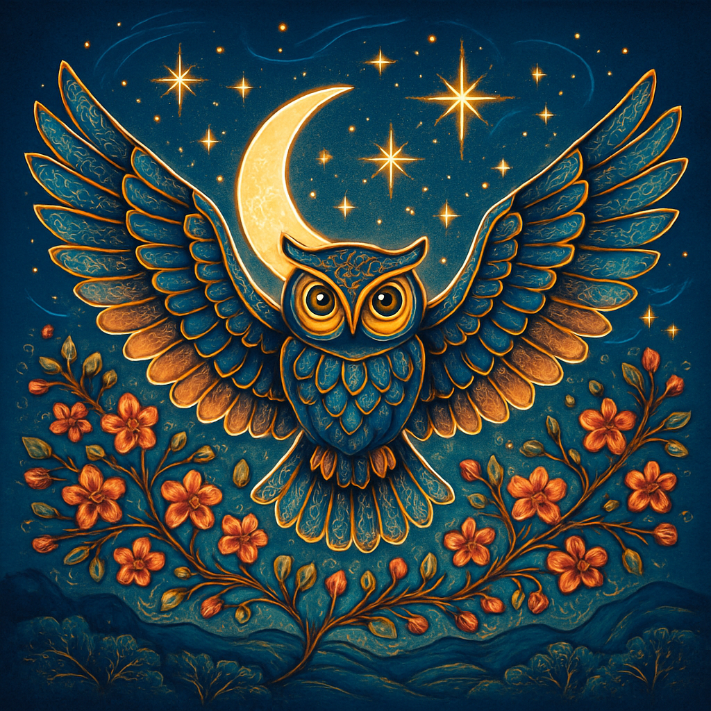 Moonlit Orchard Owl In Stained Glass Skies Painting by diamonds kit