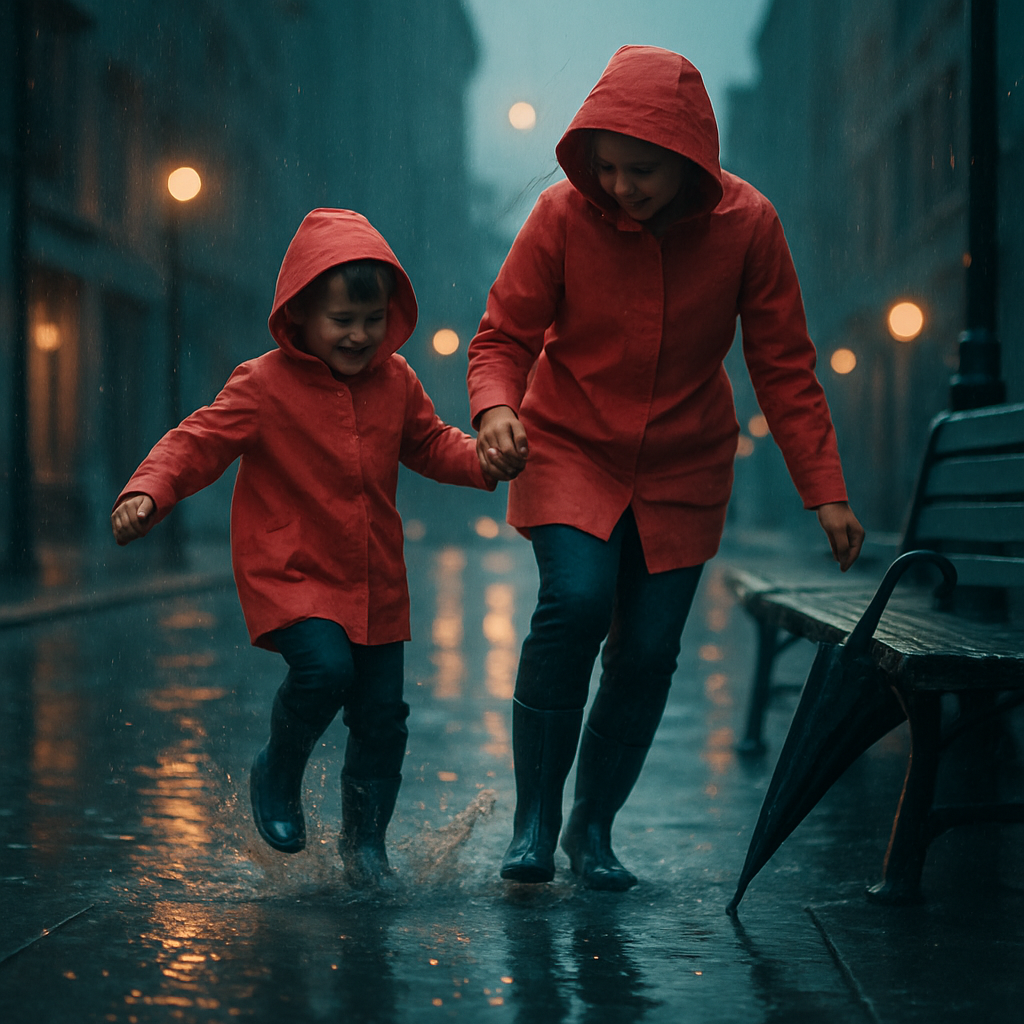 Raincoat Constellations Mother And Child Jumping Through Puddles Of Light paint by color