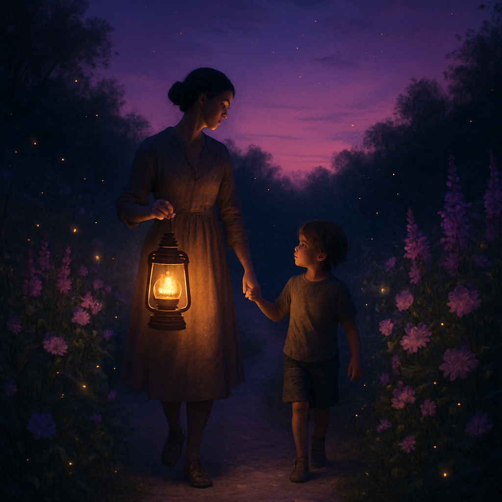 Lantern Walk Of Courage Mother And Child Crossing The Twilight Garden Path Paint by diamonds art