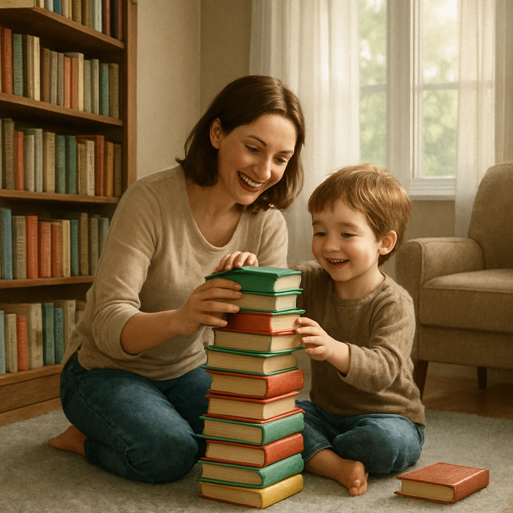 Library Of First Questions Mother And Child Building A Tower Of Favorite Books DIY paint by diamonds