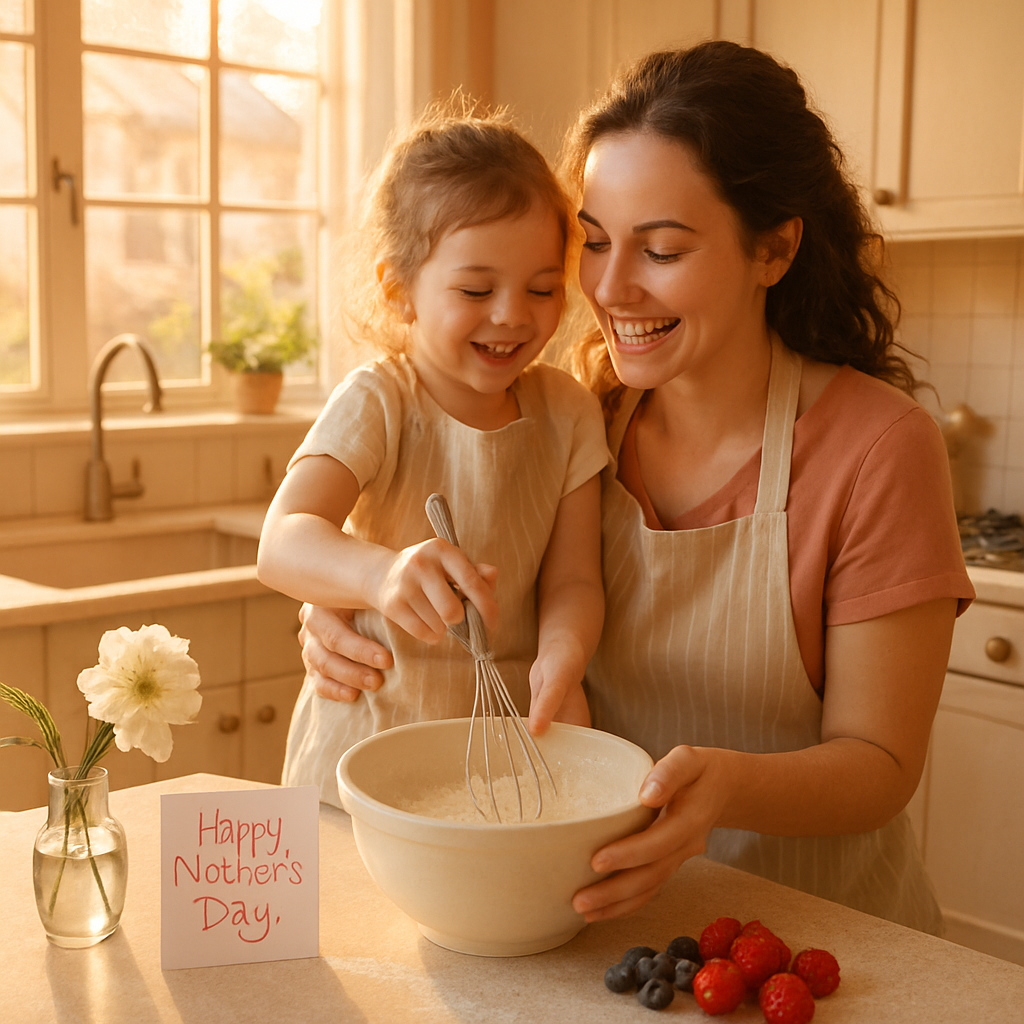 Sunrise Kitchen Promises Mother And Child Stirring Pancake Batter Together paint by color