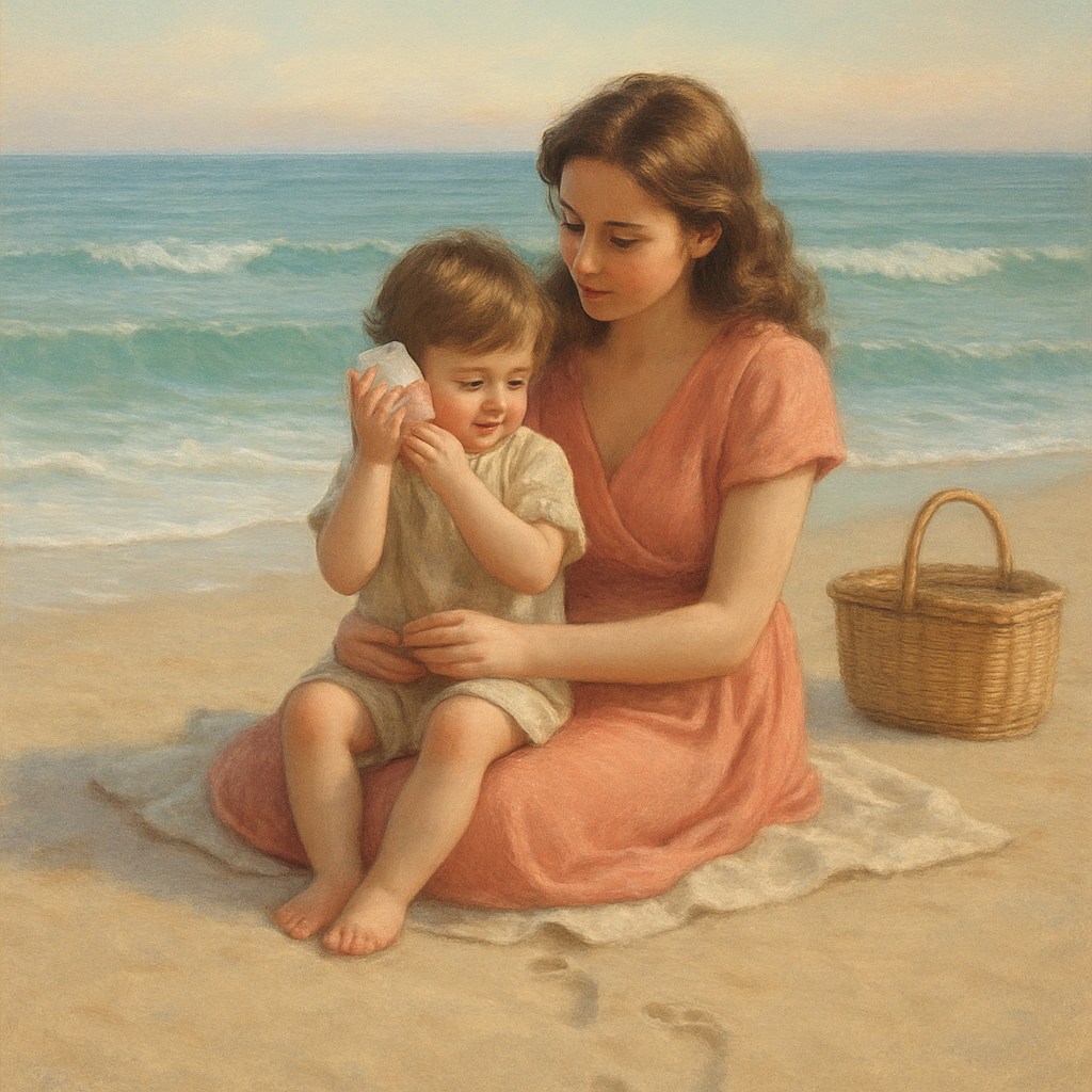Seaside Shell Lesson Mother And Child Listening To The Ocean Like A Secret Painting by diamonds kit