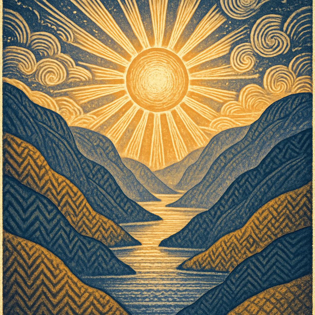 Sunwheel Dawn Above Patterned Fjord Hills Paint by diamonds art