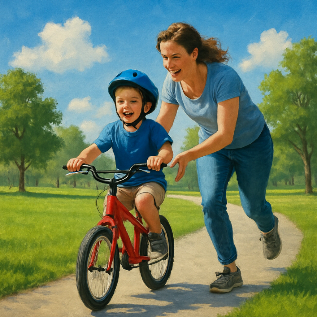 First Bicycle Triumph A Mother Running Beside A Childs Growing Wings paint by diamonds
