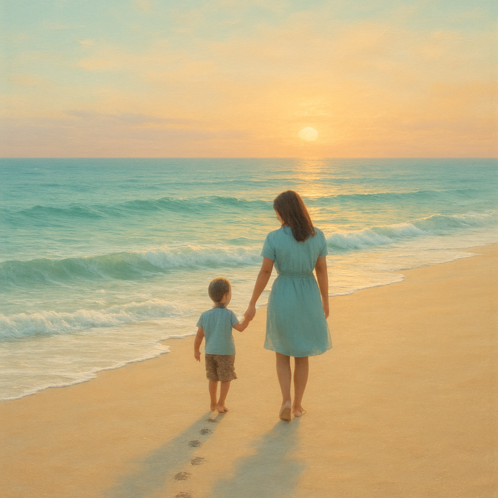 Seaside Footprints A Mother Leads A Child Toward Calm Horizons Paint by diamonds art