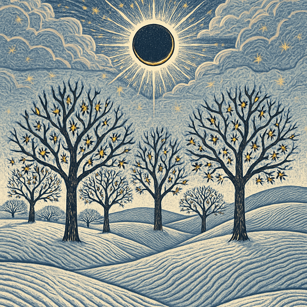 Orchard Eclipse Over Rolling Snowfields painting diamond kit