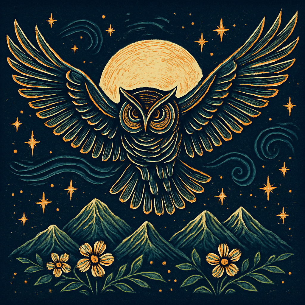 Starlit Woodcut Owl Above The Flowering Peaks Paint by diamonds art