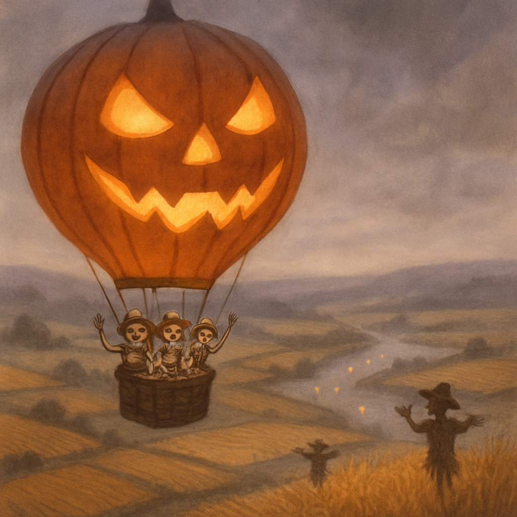 Pumpkin Hot Air Balloon Over Foggy Farmland paint by color