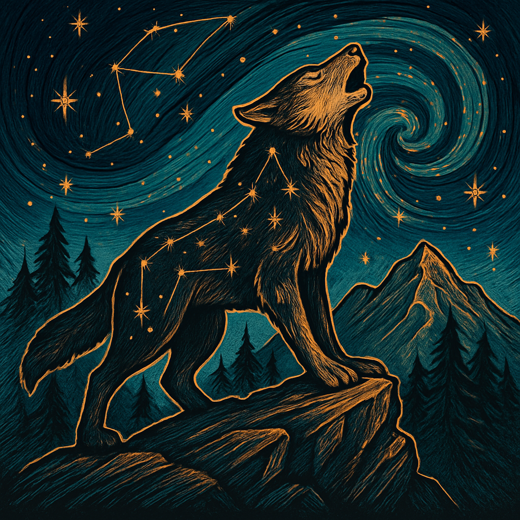 Woodcut Wolf Beneath The Spiral Sky River paint by diamonds