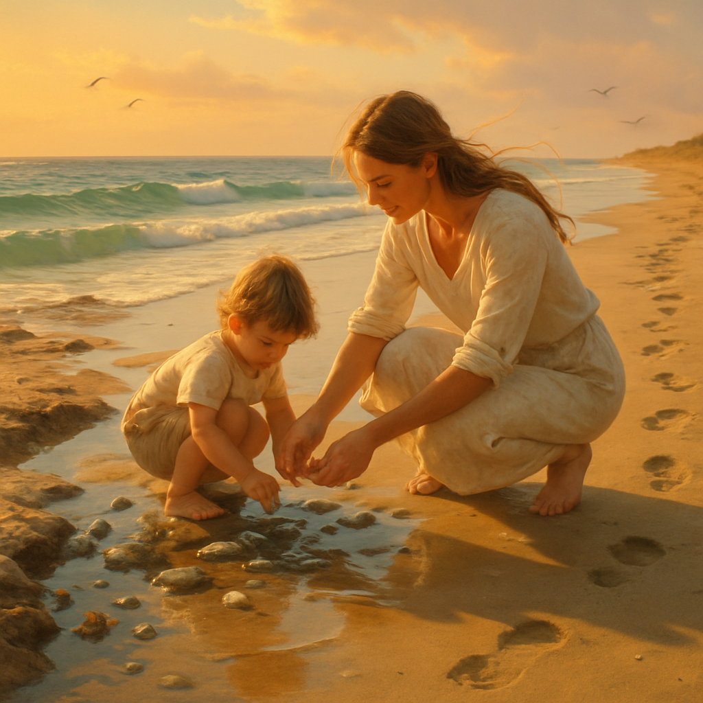 Tidepool Lessons A Mother And Child Gathering Sea Glass At Golden Hour paint by diamond