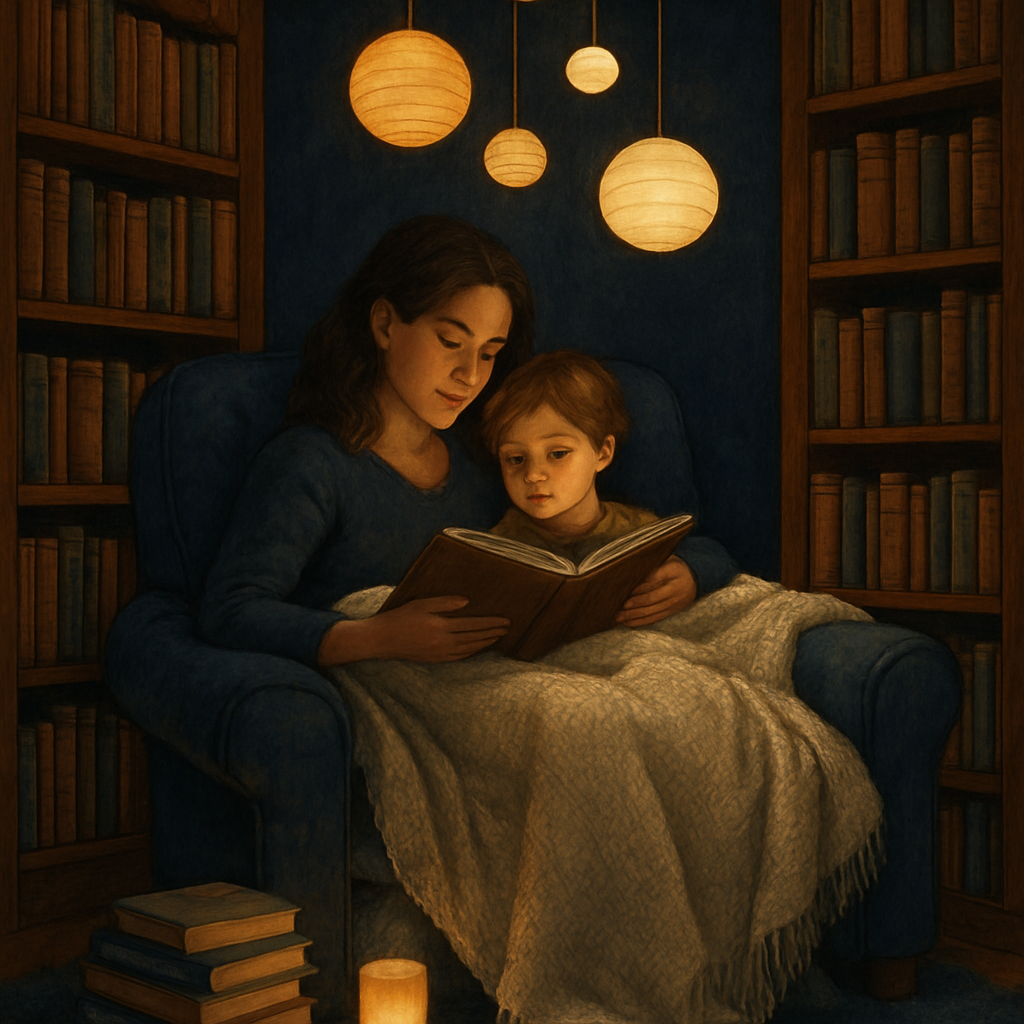 Library Of Lullabies Mother And Child Reading Beneath A Lantern Sky diamonded painting kits