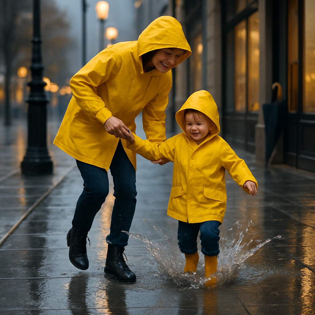 Raincoat Heroes Mother And Child Dancing Through Puddle Reflections paint by diamonds