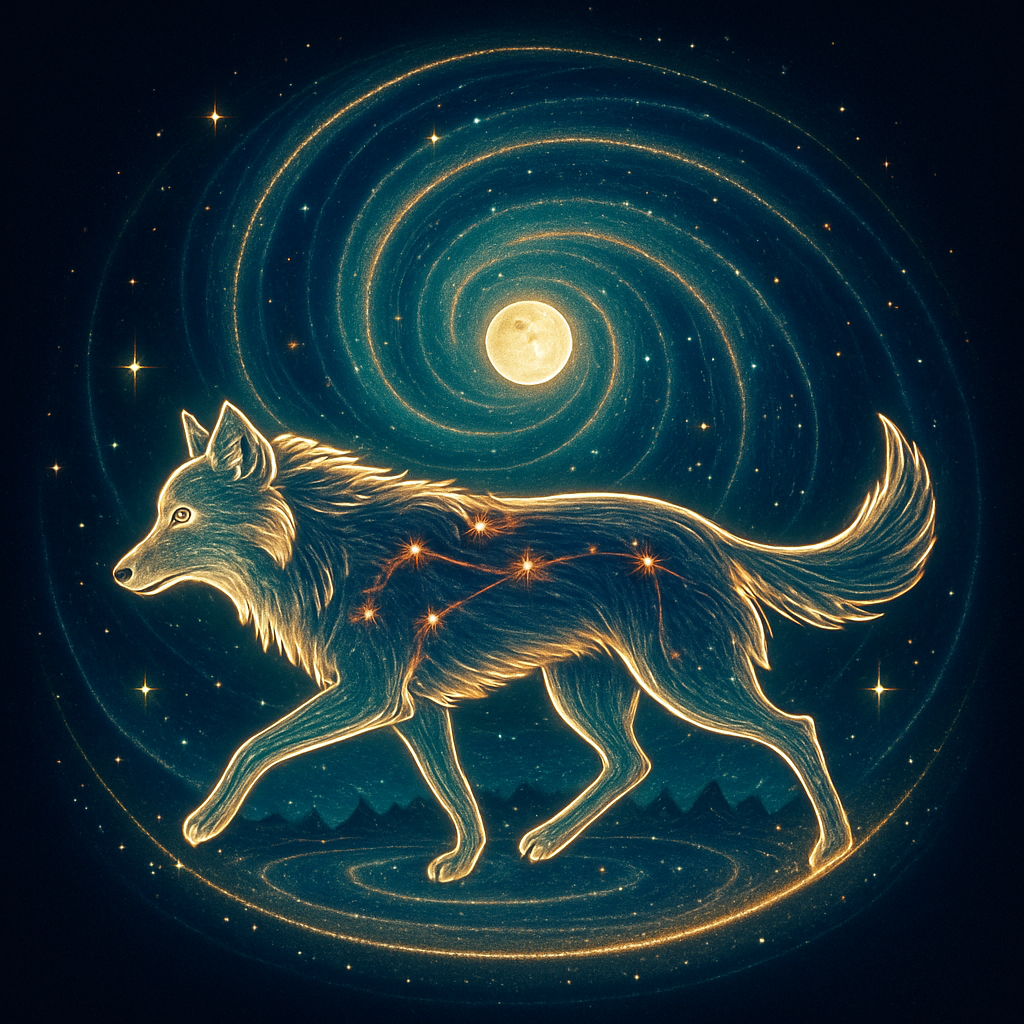 Glowing Line Art Wolf In The Spiral Snow Constellation paint by color