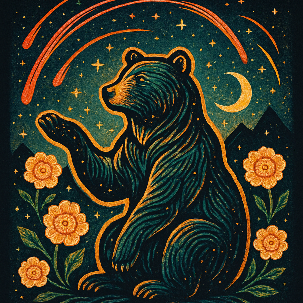 Folk Woodcut Bear Among Comet Blossoms paint by diamond