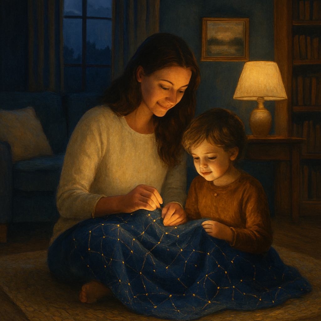 Constellation Lullaby Quilt A Mother And Child Stitching The Night Sky Paint by diamonds kits