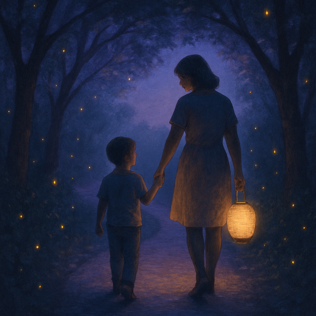 Lantern Walk At Twilight A Mother And Child Carrying Light Home DIY paint by diamonds