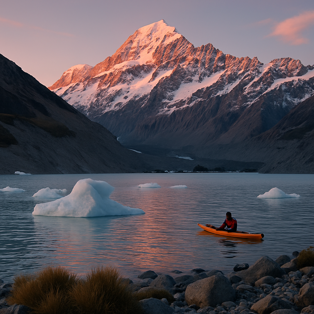 Evening Alpenglow On Aoraki Mount Cook Above Tasman Lake Icebergs diamond painting