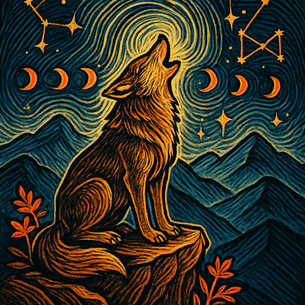 Folk Woodcut Wolf In The Mountain Harmonic Sky DIY paint by diamonds