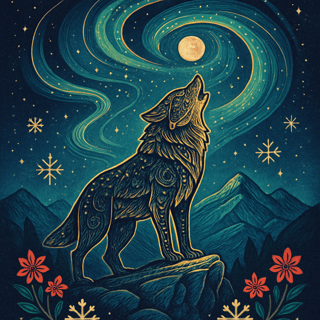 Stonehush Wolf Beneath The Spiral Aurora paint by diamond