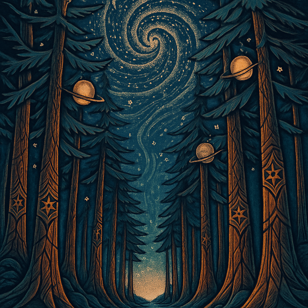 Starlit Pine Cathedral With Spiral Nebula Canopy paint by color