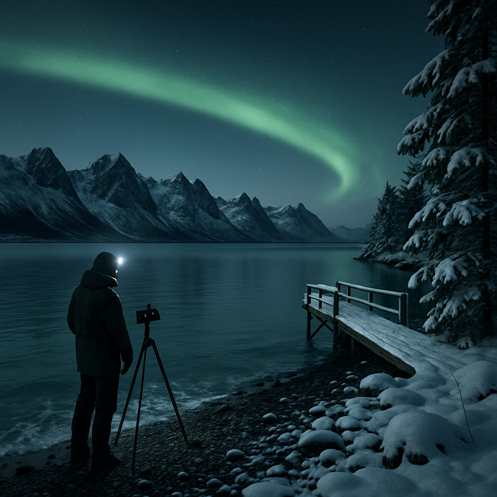 Aurora Over The Lyngen Alps And A Quiet Fjord Shore paint by diamonds