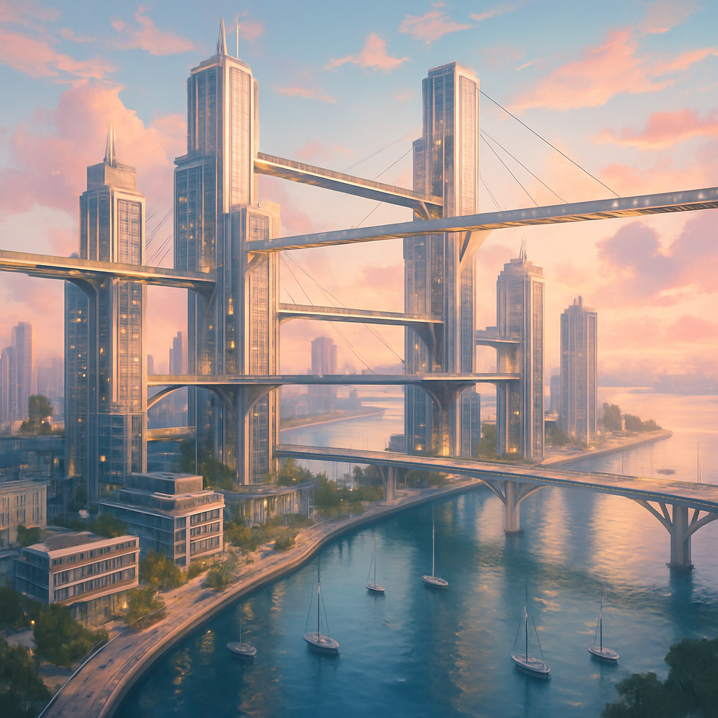 Floating Skybridge District Over A Harbor painting diamond kit