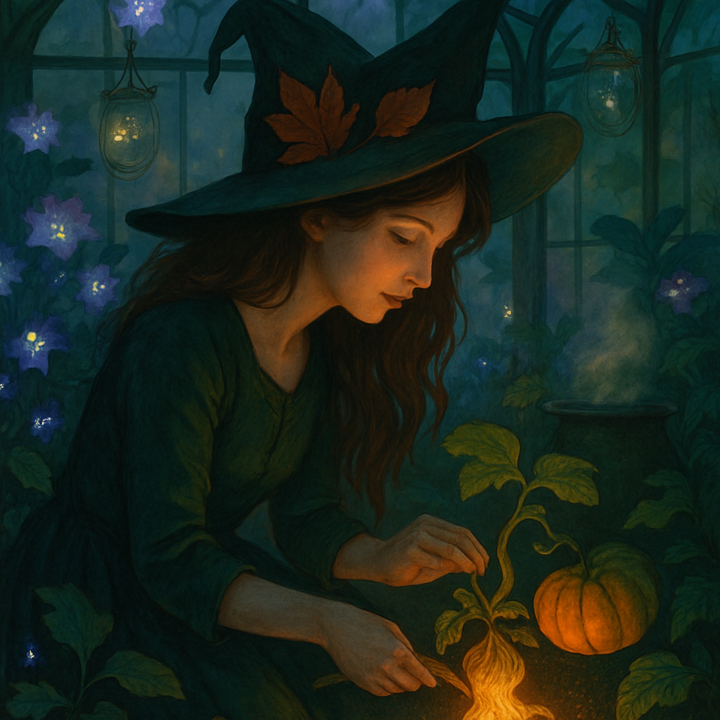 Witch Botanist In A Bioluminescent Greenhouse paint by color