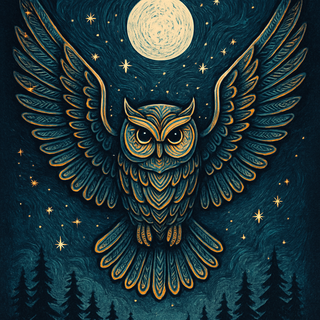 Starlit Woodcut Owl Over The Dreaming Pines diamonded painting kits