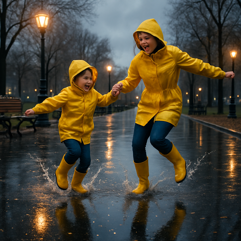 Raincoat Heroes Mother And Child Dancing Through Puddle Galaxies paint by color