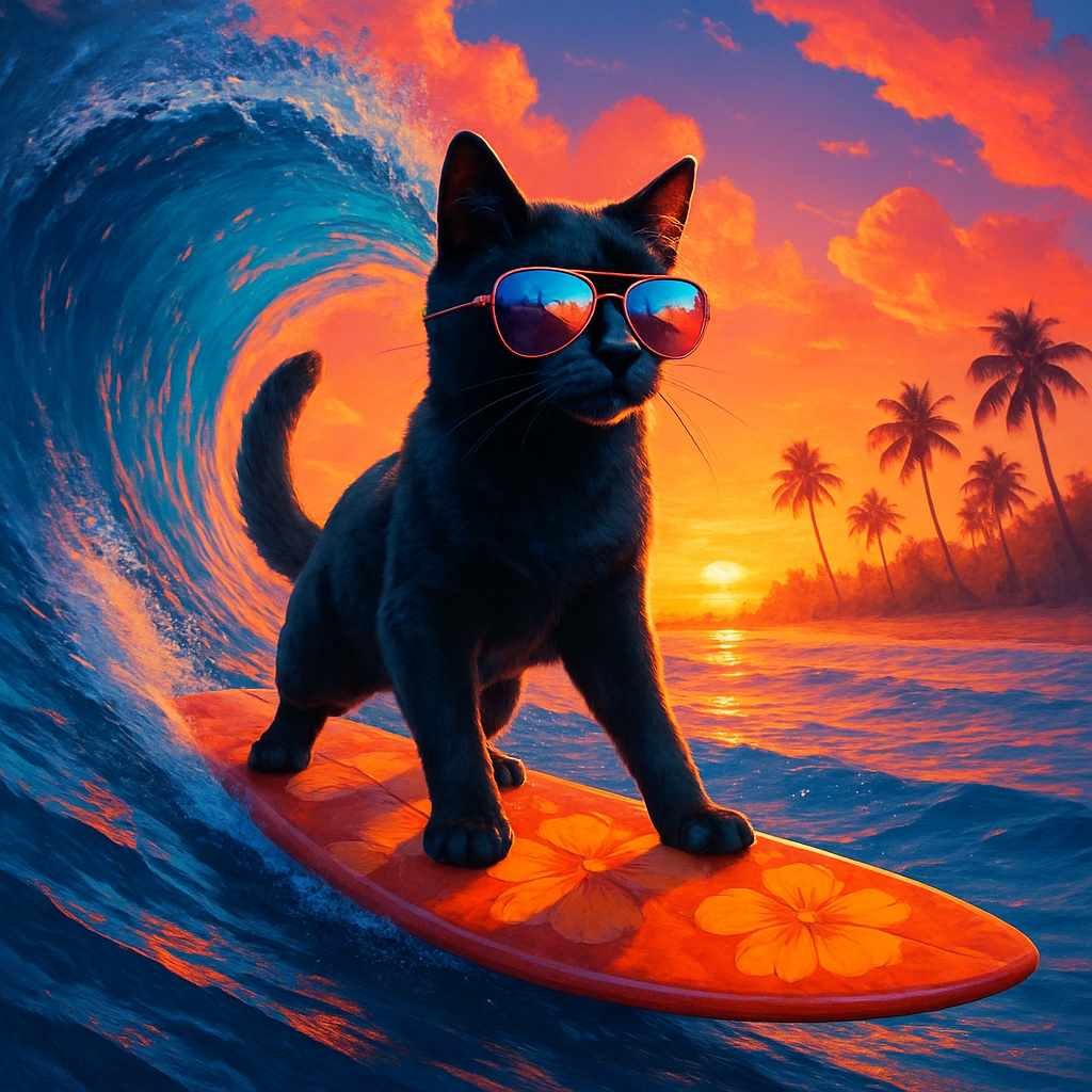 Sunset Surf Cat With Hibiscus Board Painting by diamonds kit