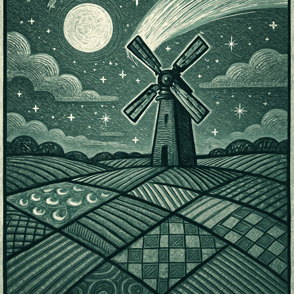Moonlit Quilt Fields And The Comet Windmill paint by color