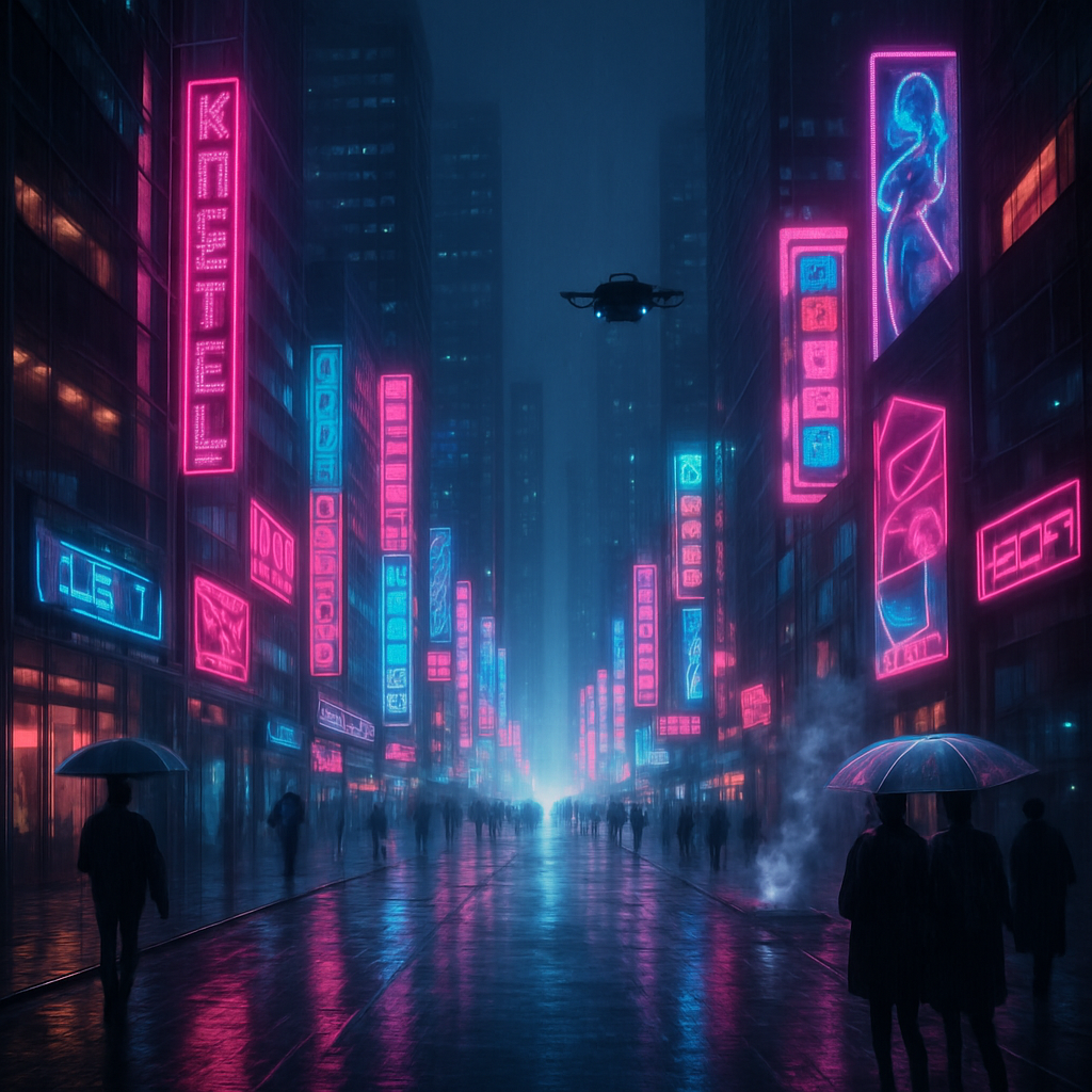 Neon Rain Street In Future City DIY paint by diamonds