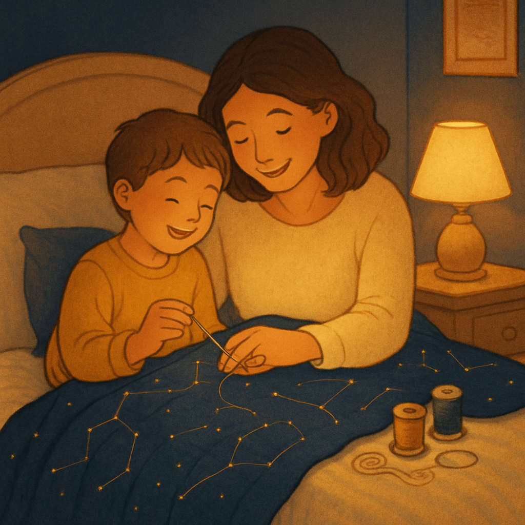 Starlace Lullaby A Mother And Child Sewing A Constellation Quilt painting diamond kit