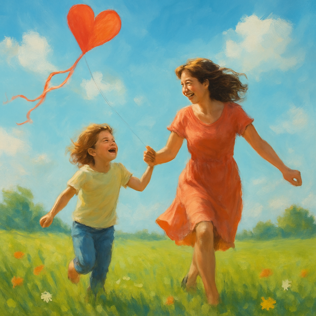 Kite Of Two Hearts A Mother And Child Running Into Spring Sky paint by color