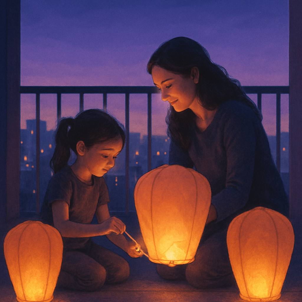 Lanterns On The Balcony A Mother And Child Lighting Gratitude At Twilight diamond painting