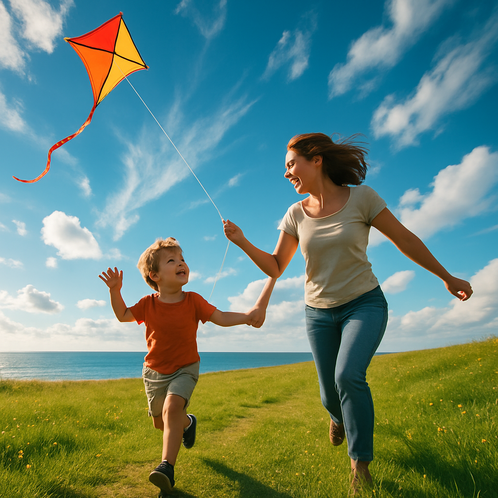 Kite String Promise: Mother And Child Chasing The Bright Wind paint by diamond