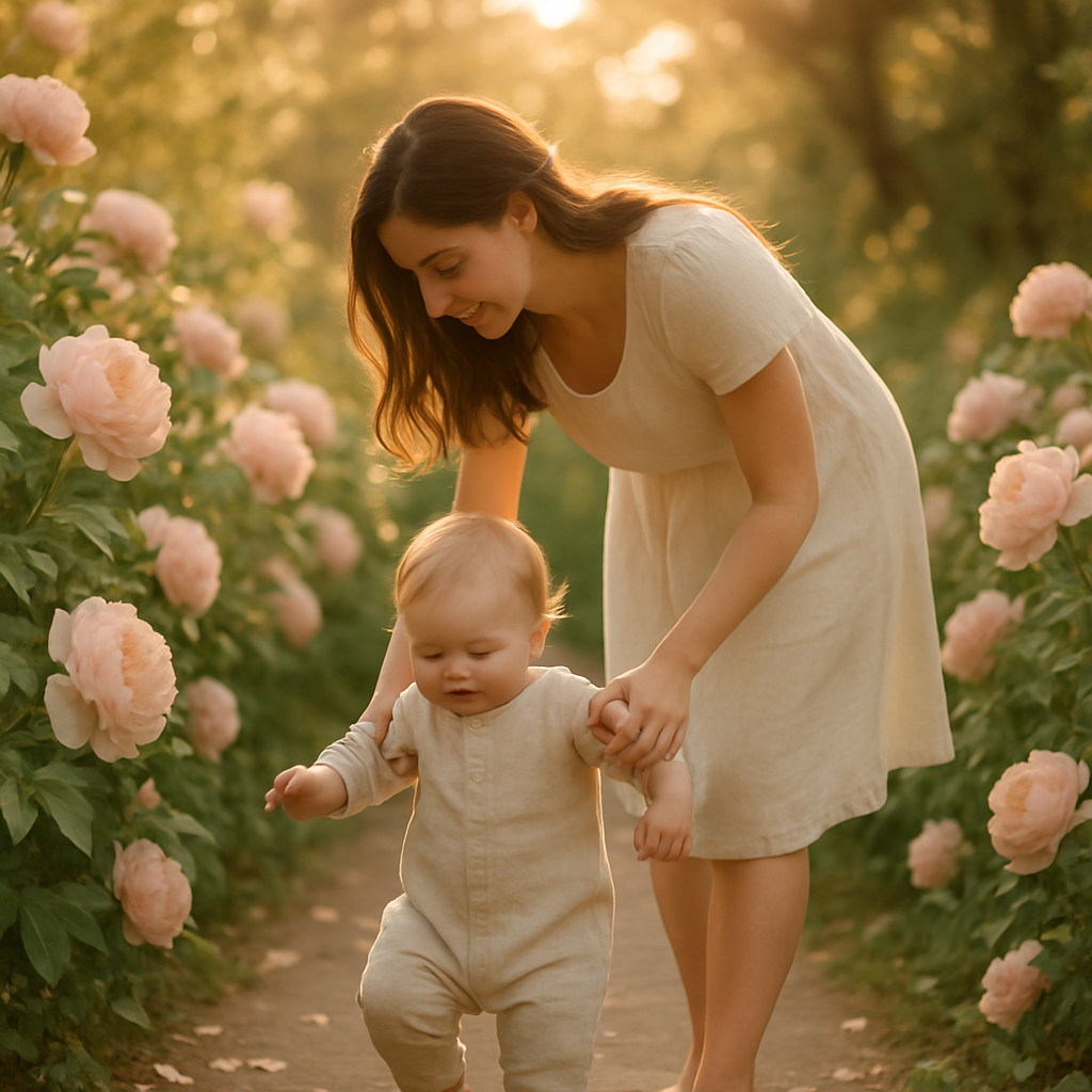 Garden Of First Steps: Mother Guiding A Child Along Petal Paths Paint by diamonds art
