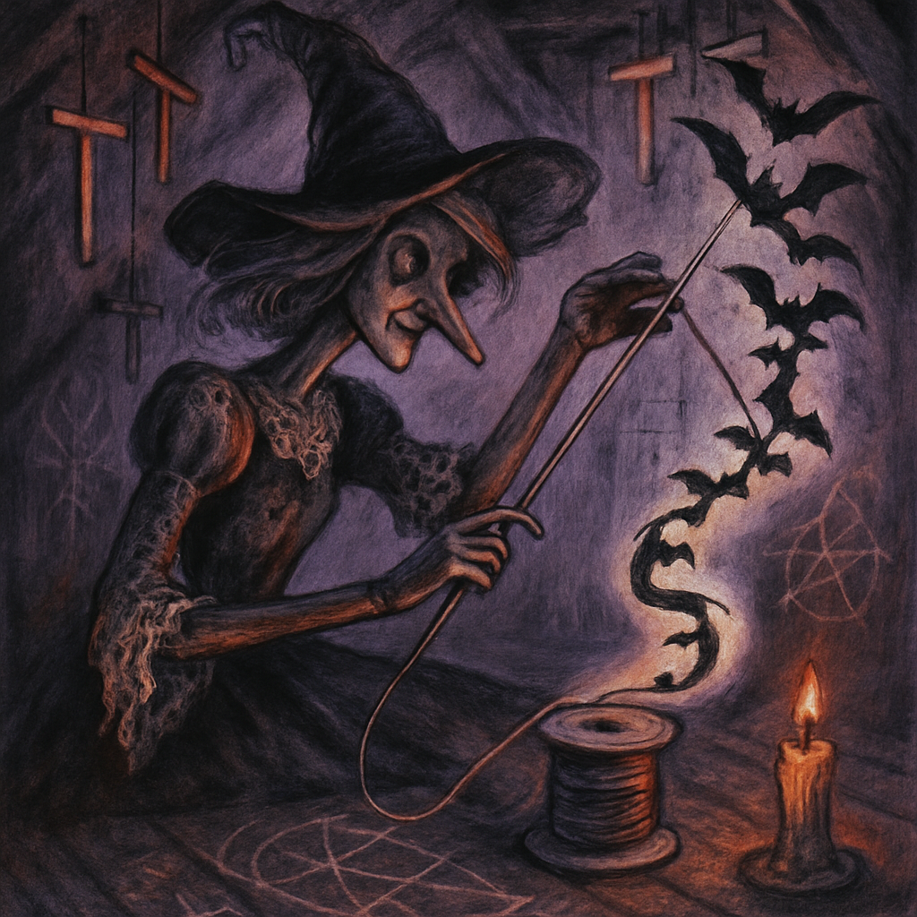 Marionette Witch Sewing A Storm Of Bats paint by diamonds